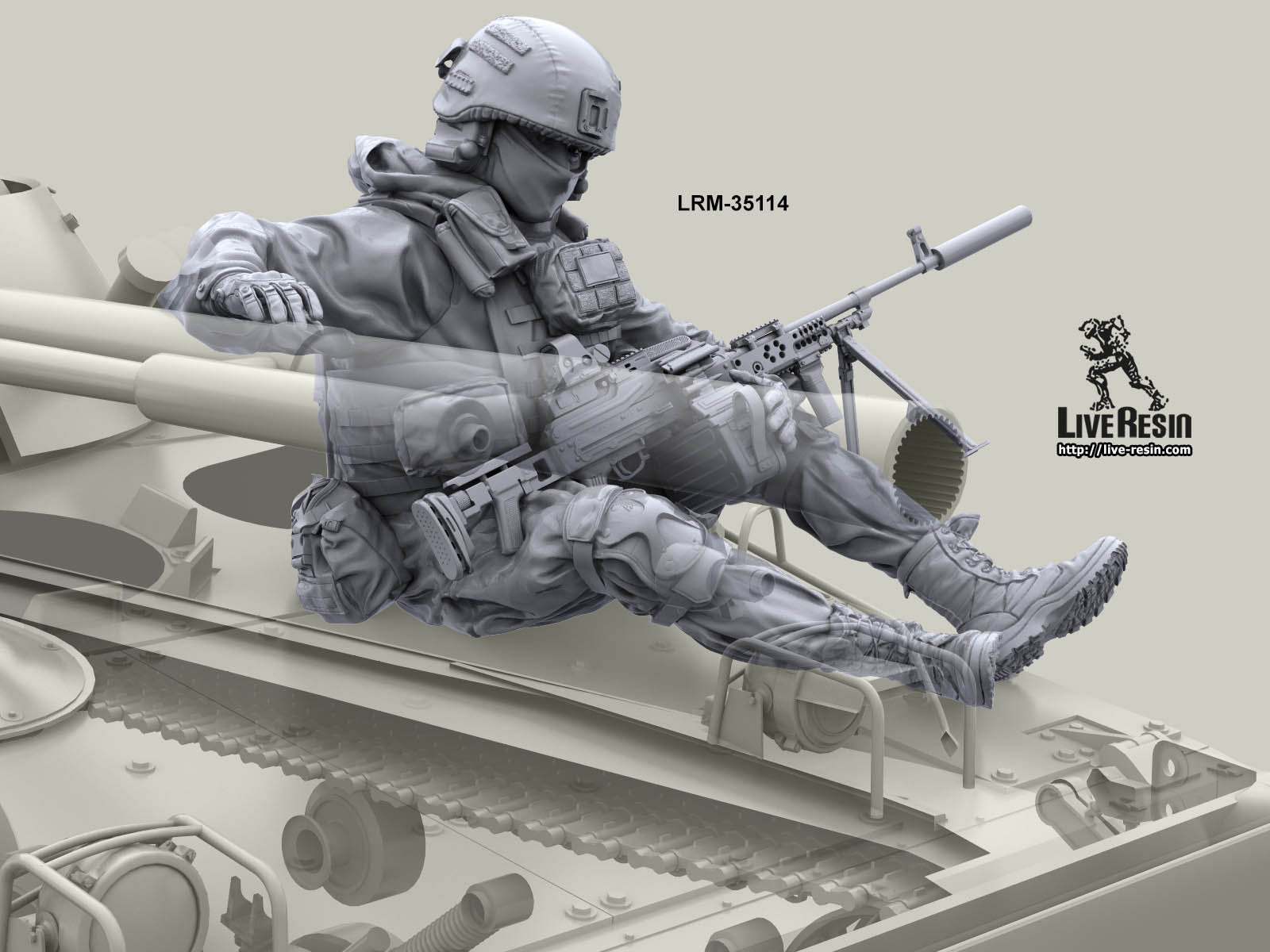 LRM35114 Современные Российские солдаты на броне БМП, Танка - пулеметчик с ПК Live Resin