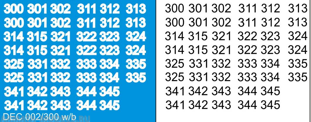 DEC002/300 Номера на немецкую технику масштаб 1/100 с 100 по 400. Цвет – белый контур + черный центр