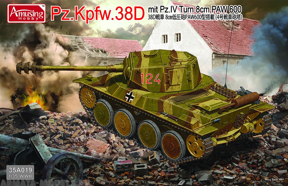 AH35A019 Немецкий средний танк Panzer Pz.Kpfw.38D mit Pz.IV Turm 8cm PAW 600 Amusing Hobby