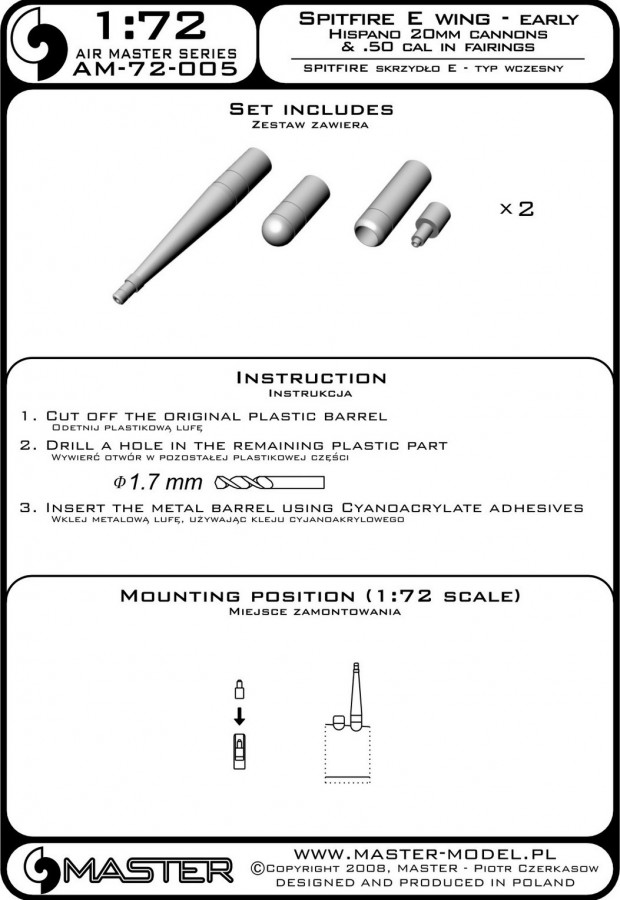 AM-72-005 Набор вооружения для ранних Spitfire крыло тип Е, пушки Hispano 20мм и Browning 12,7мм два варианта